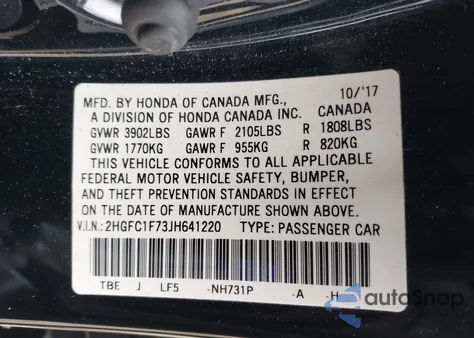 2018 Honda Civic Ex-L from USA, damaged, VIN 2HGFC1F73JH641220